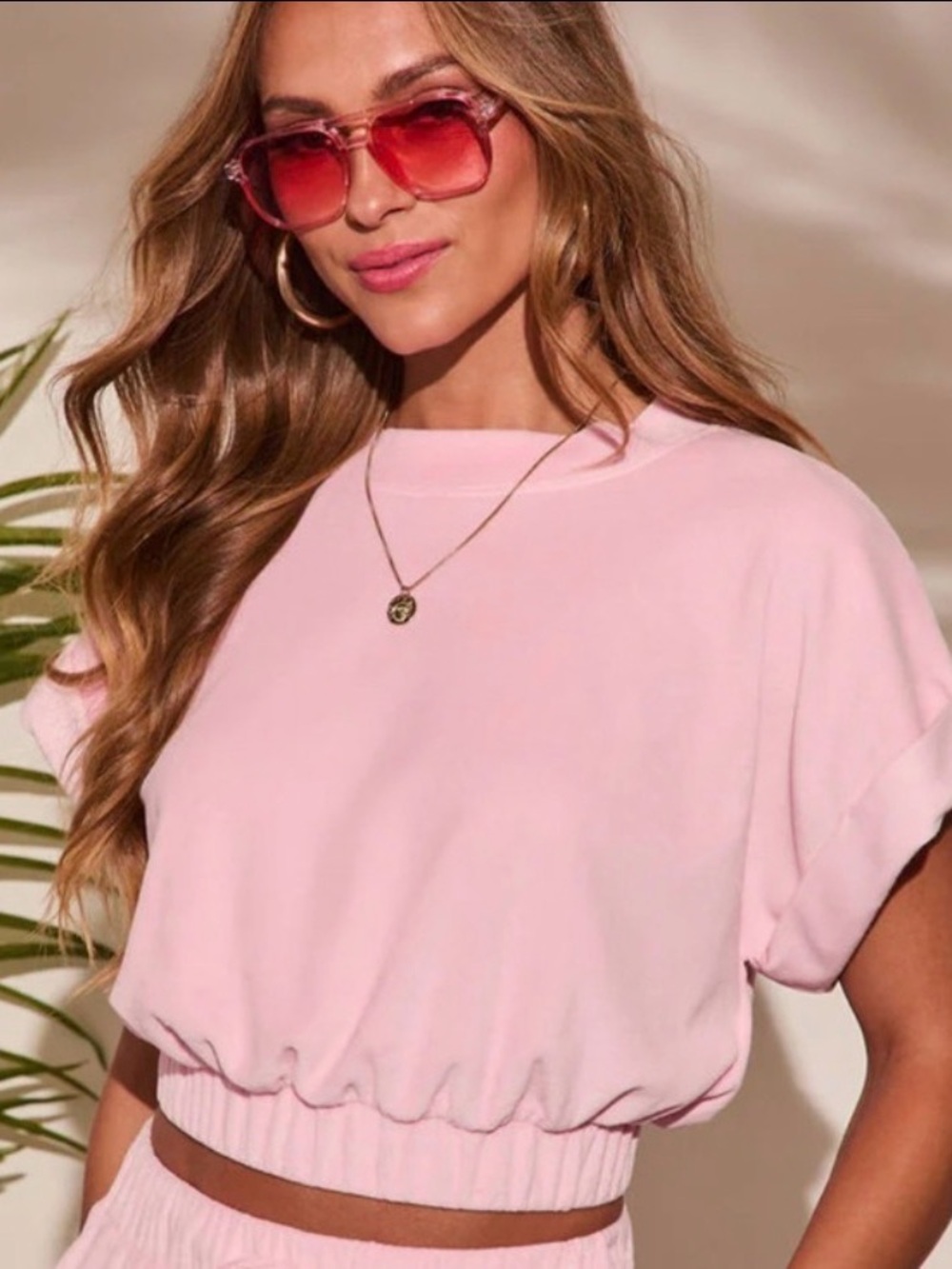 Vici Blush Pink Geniva Cropped Cozy Top Short Sleeve Size Small Velour